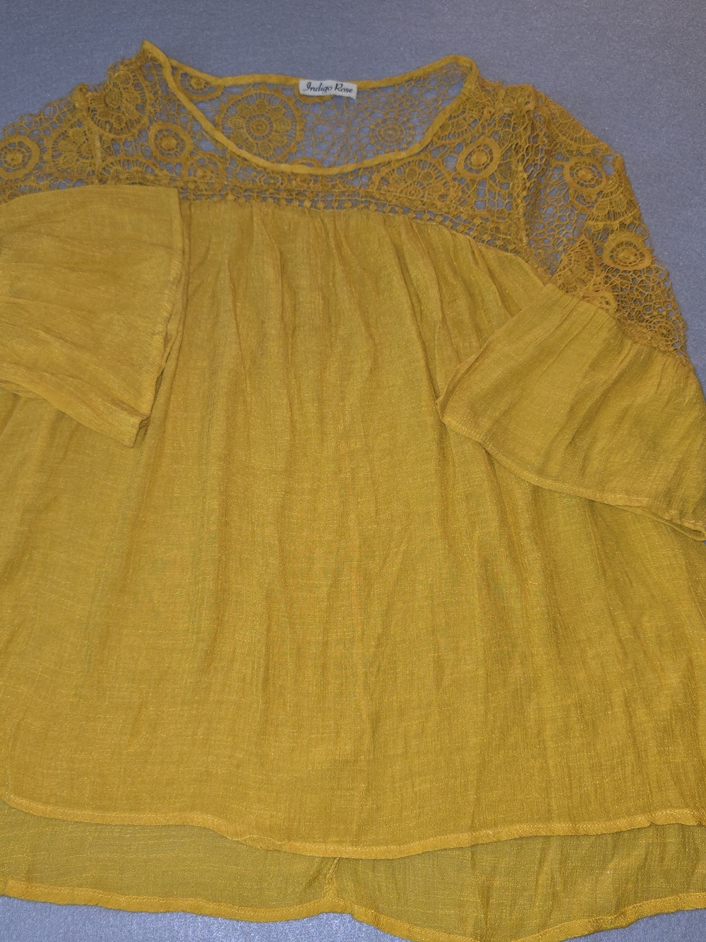 Indigo Rose Yellow Lace Yoke Blouse Lightweight Breathable Vacation Beach Fun